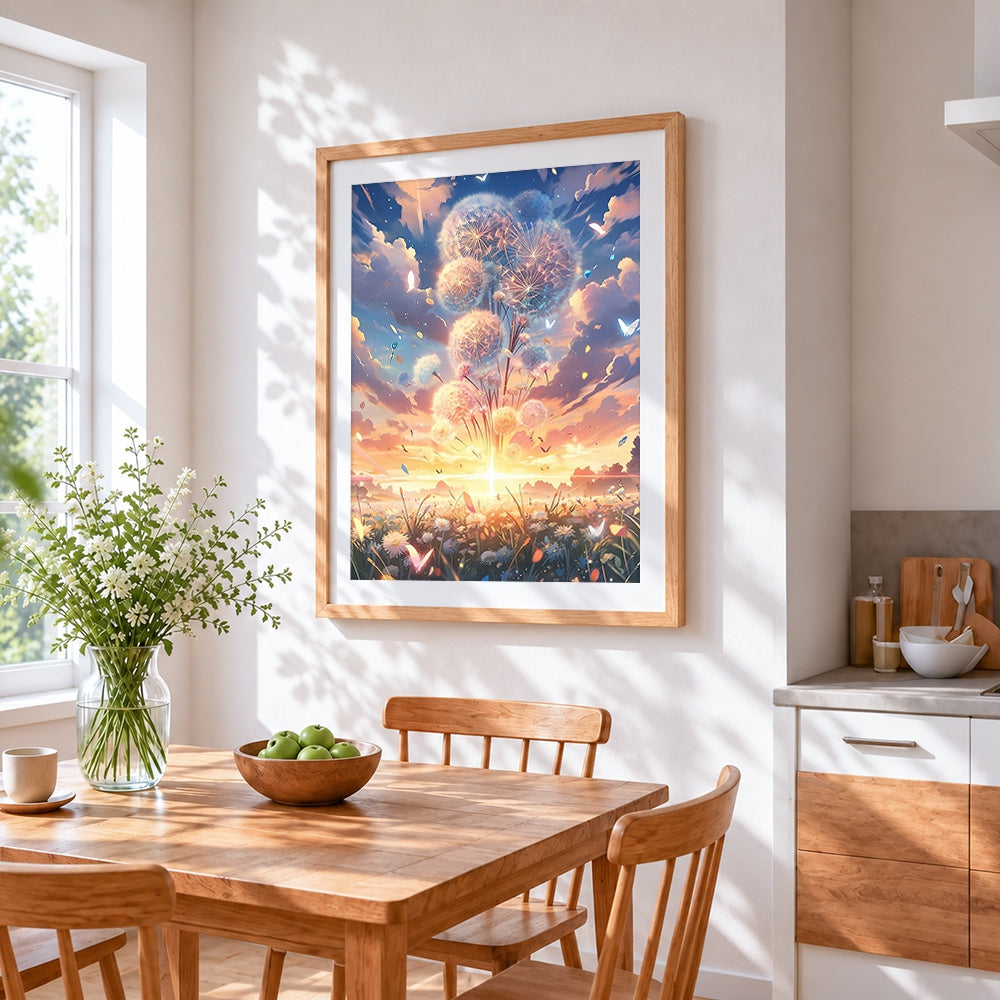 Magical dandelions at sunset cross stitch artwork displayed on wall as home decor