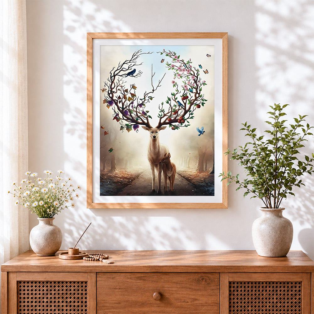 Finished magical deer and fawn cross stitch artwork displayed