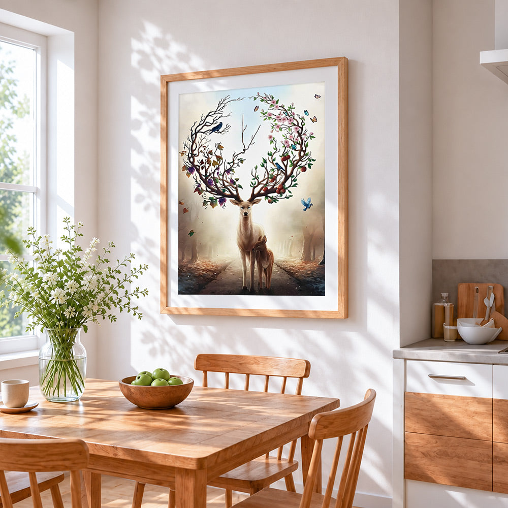 Magical deer and fawn cross stitch artwork displayed on wall as home decor