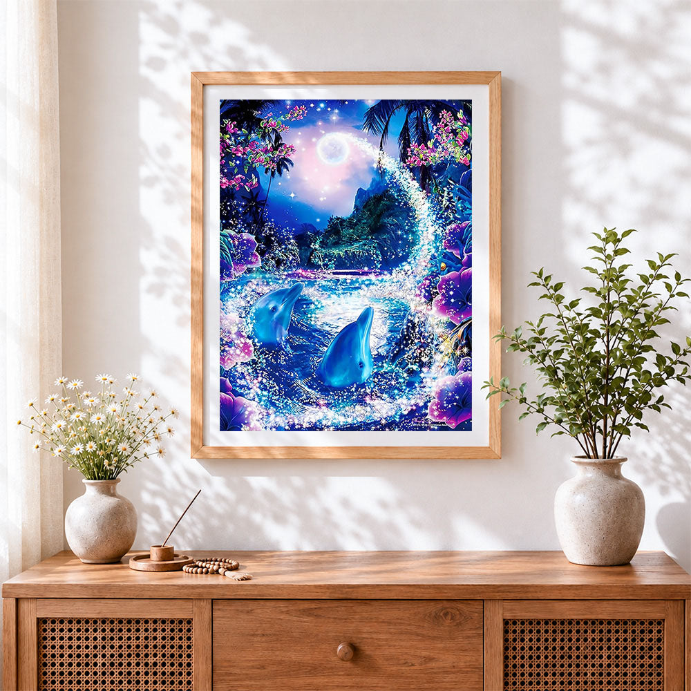 Finished magical dolphins in a fantasy ocean cross stitch artwork displayed