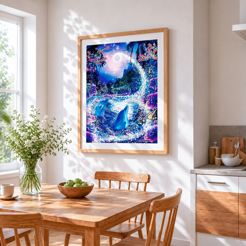 Magical dolphins in a fantasy ocean cross stitch artwork displayed on wall as home decor