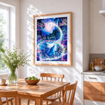 Magical dolphins in a fantasy ocean cross stitch artwork displayed on wall as home decor