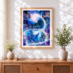 Finished magical dolphins in a fantasy ocean paint by numbers artwork displayed as home decor