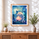 Finished magical fairy kitten with butterfly wings cross stitch artwork displayed