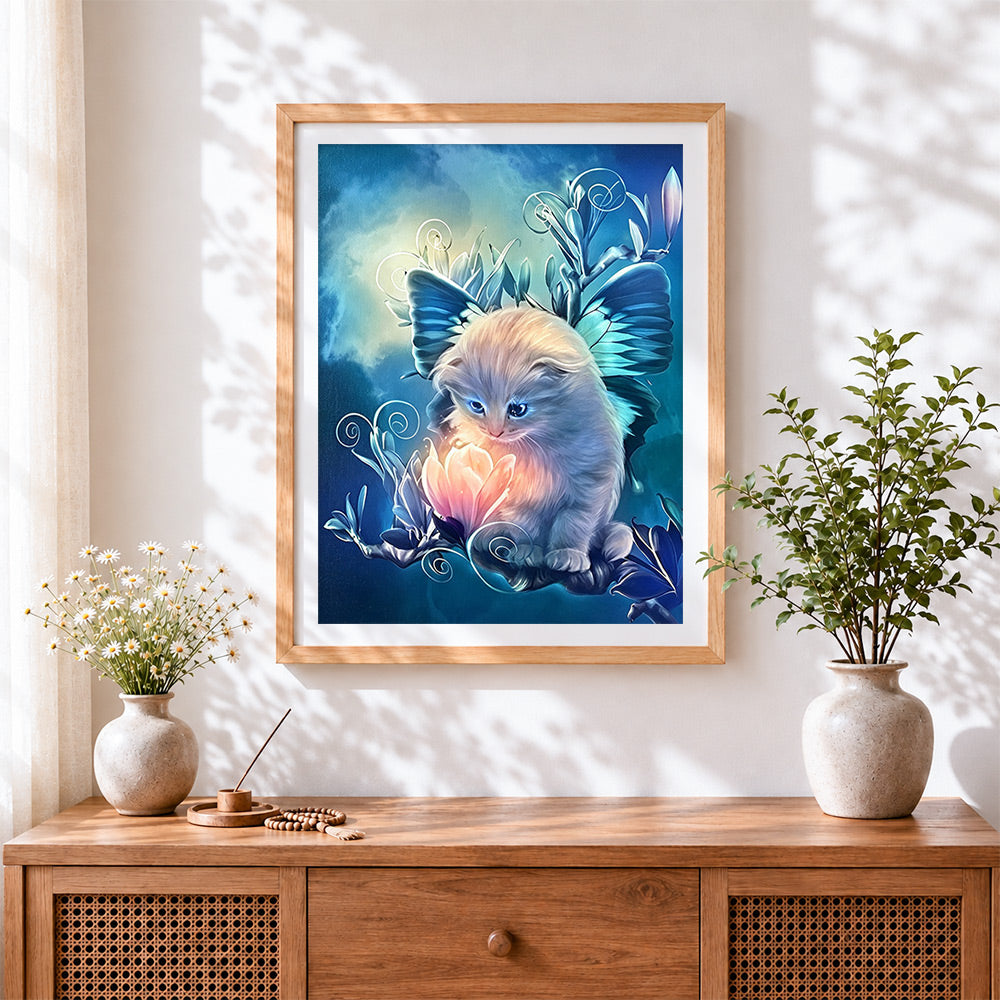 Finished magical fairy kitten with butterfly wings paint by numbers artwork displayed as home decor