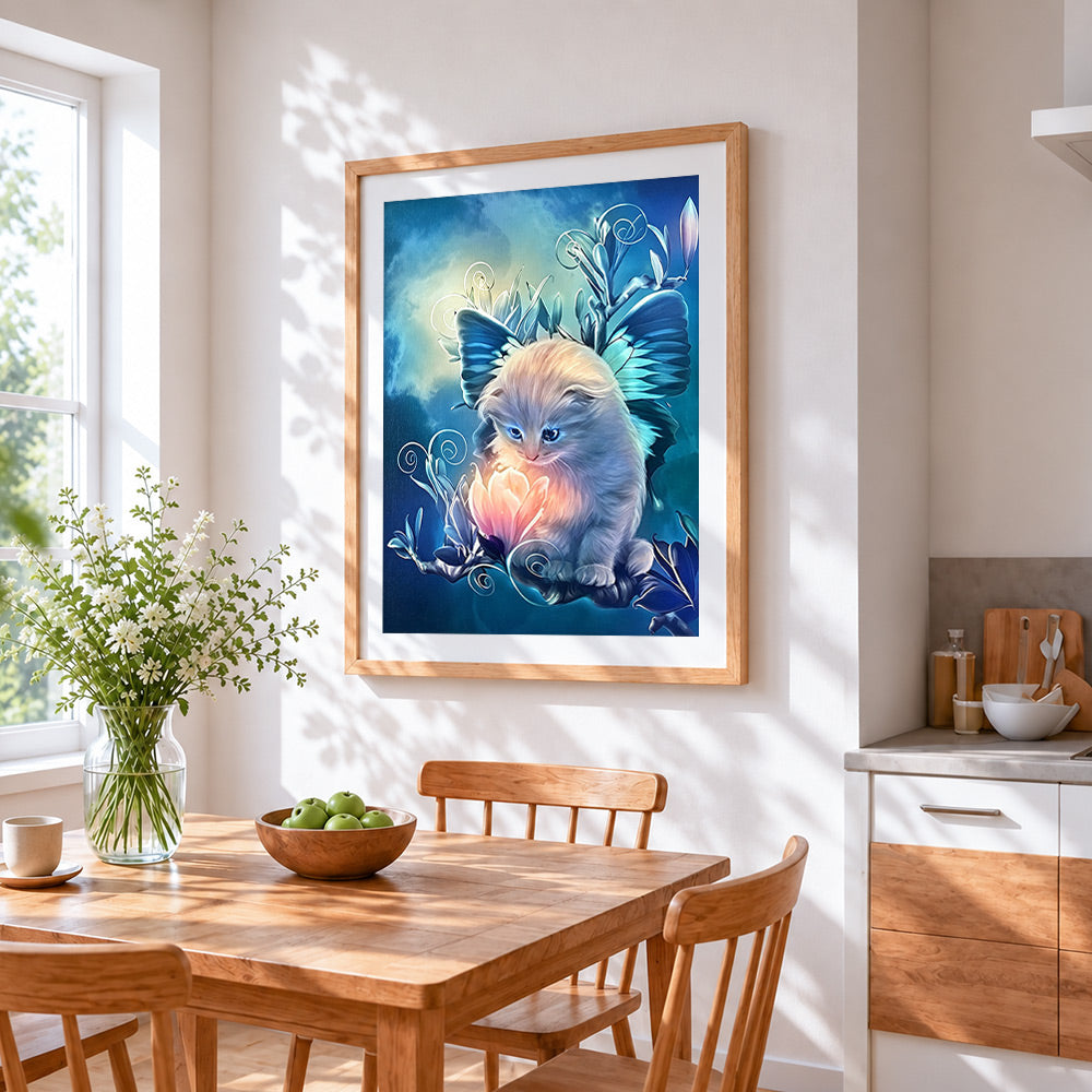 Magical fairy kitten with butterfly wings paint by numbers artwork displayed on wall as home decor