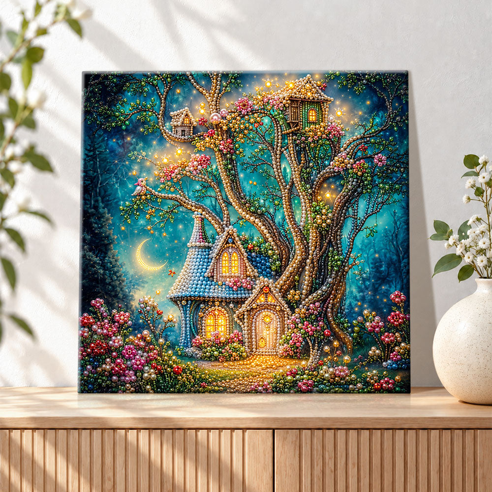 Finished magical forest treehouse under crescent moon pearl diamond painting artwork displayed as holiday home decor