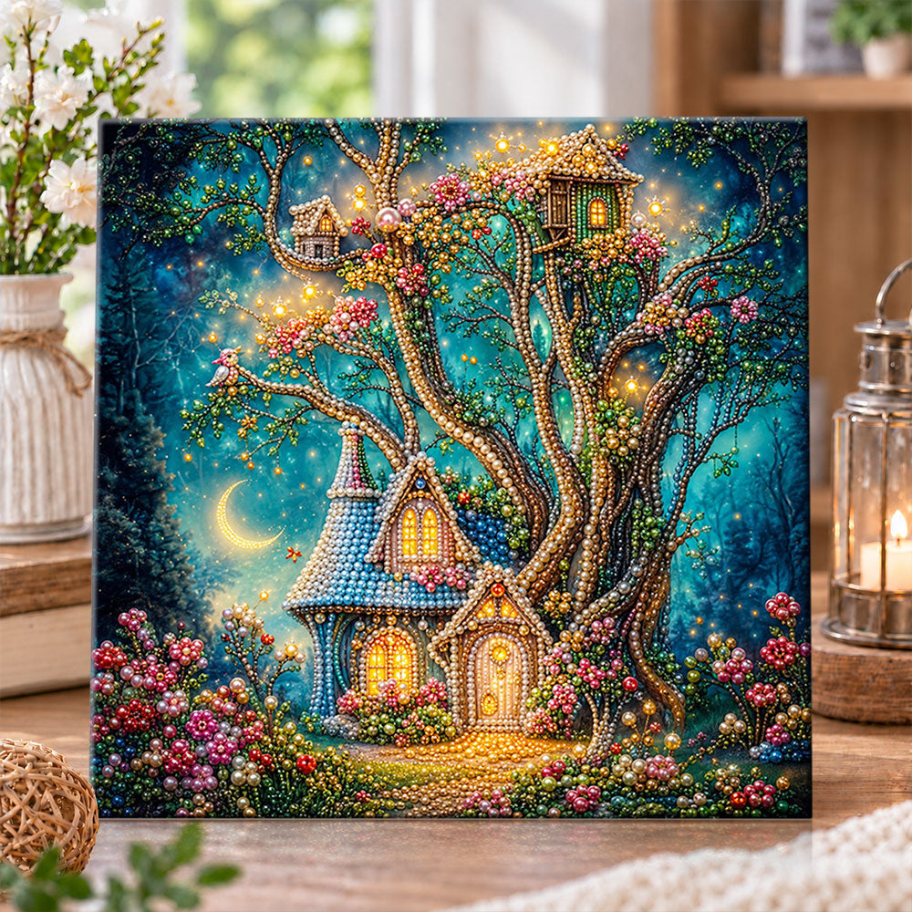 Magical forest treehouse under crescent moon pearl diamond painting kit for beginners