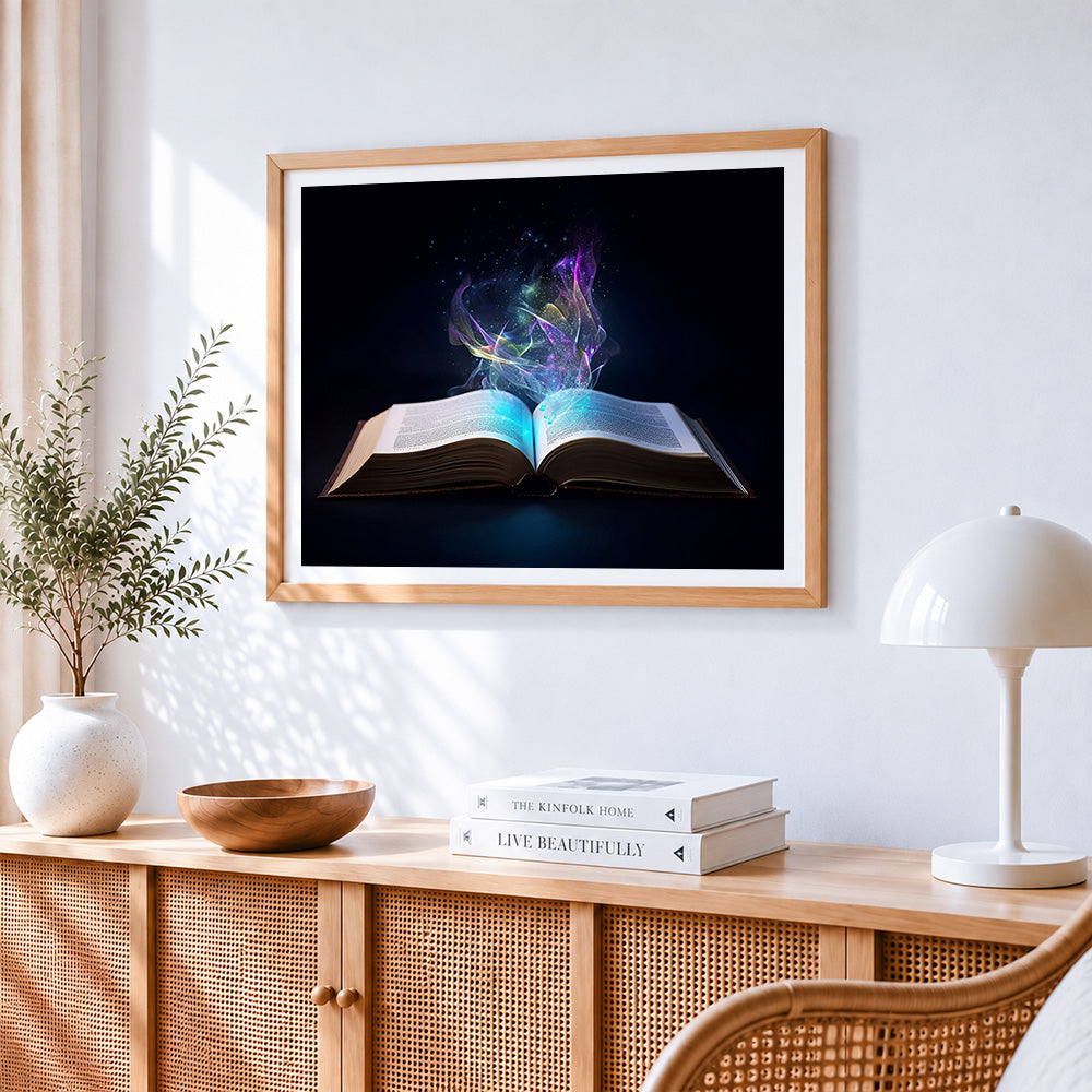 Magical glowing book paint by numbers artwork displayed on wall as home decor