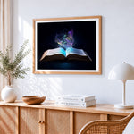 Magical glowing book paint by numbers artwork displayed on wall as home decor
