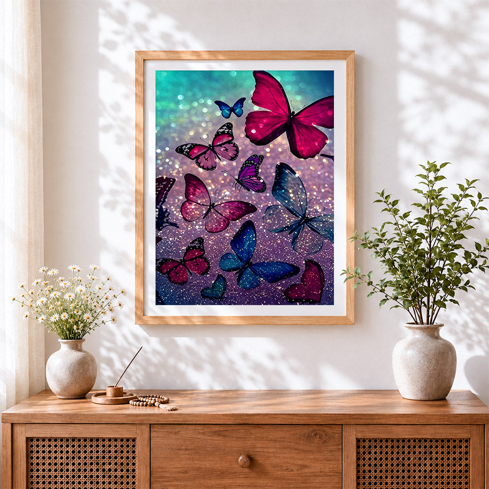 Finished magical glowing butterflies cross stitch artwork displayed