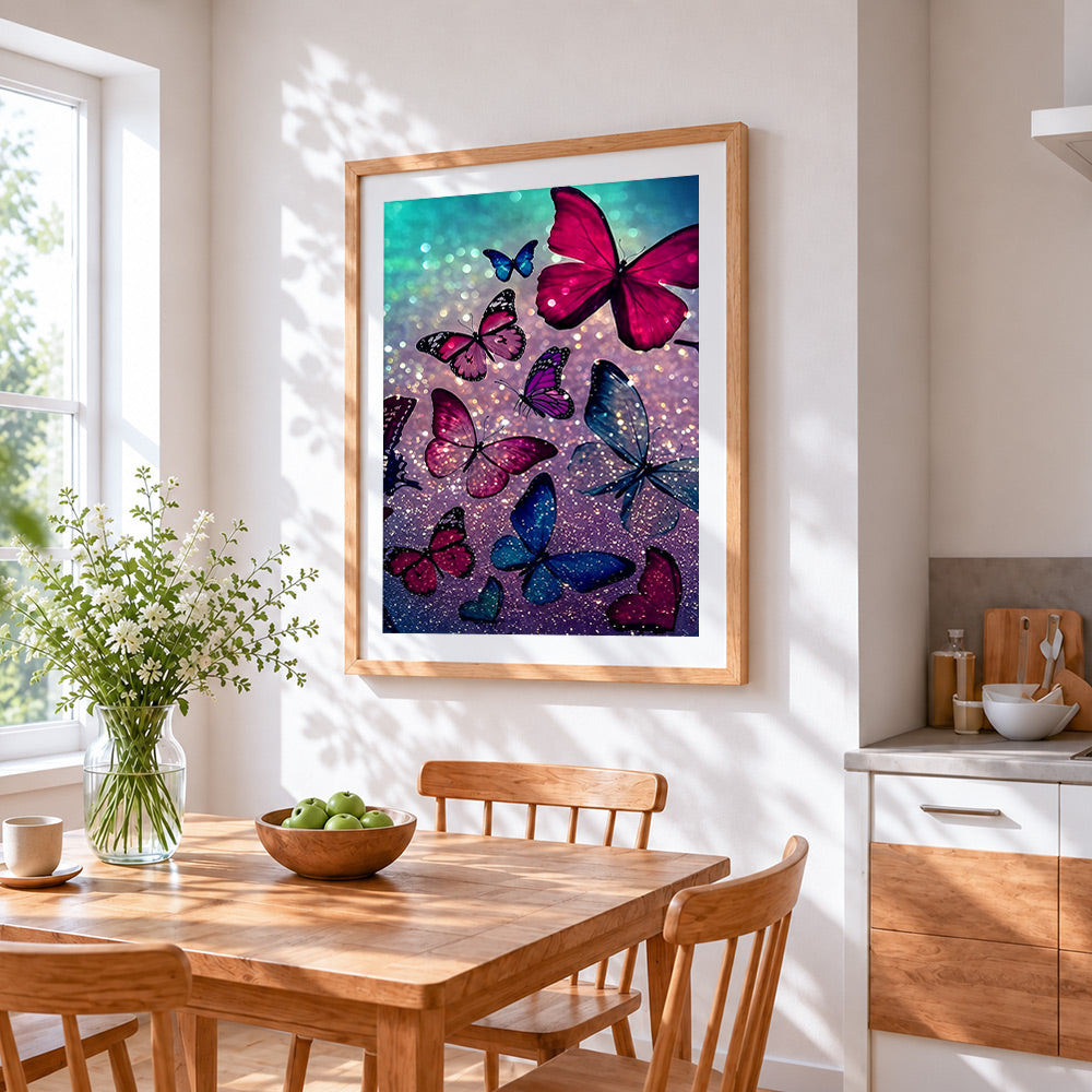Magical glowing butterflies cross stitch artwork displayed on wall as home decor