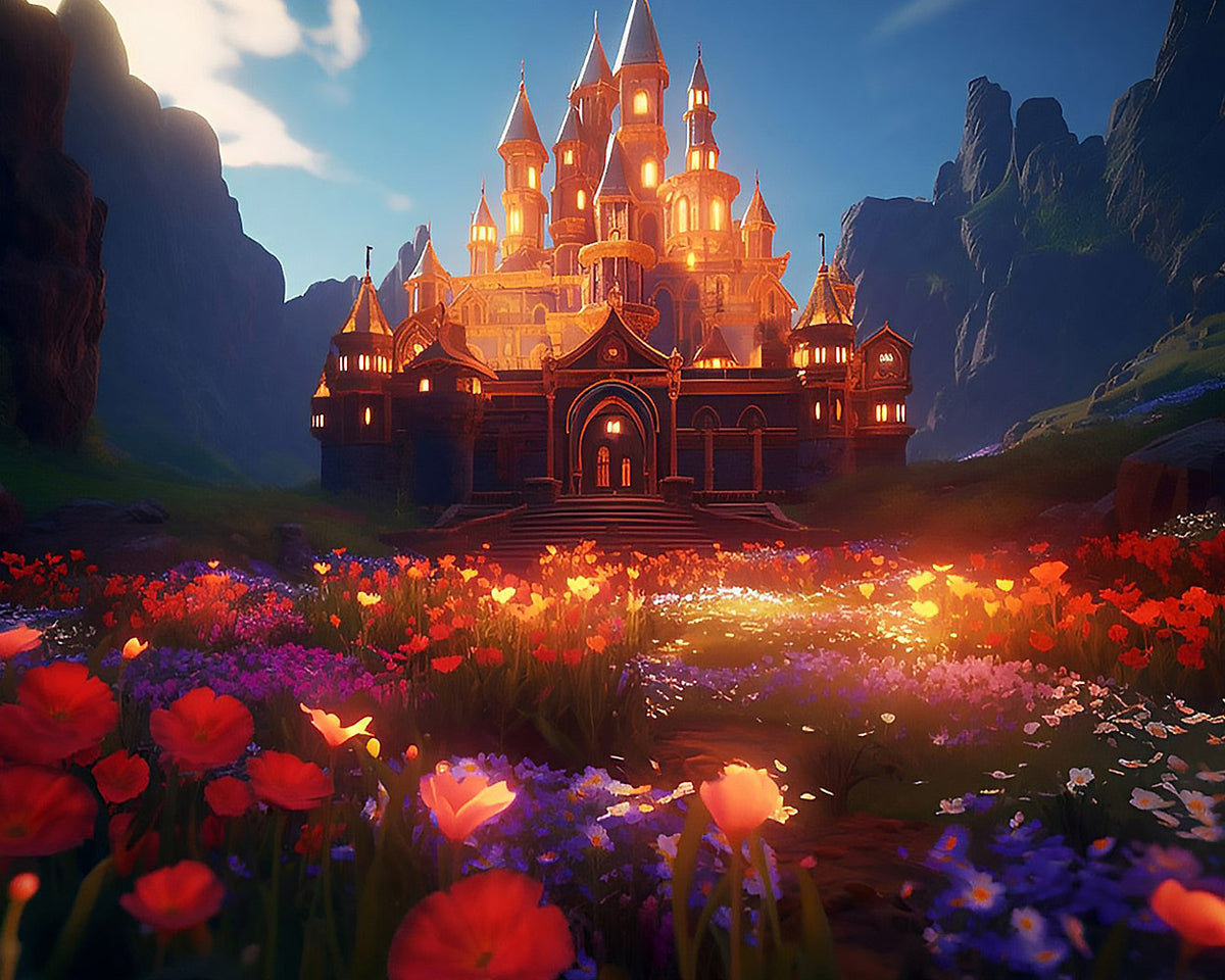 Magical glowing castle and flowers cross stitch kit for beginners