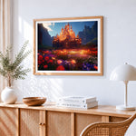 Magical glowing castle and flowers cross stitch artwork displayed on wall as home decor