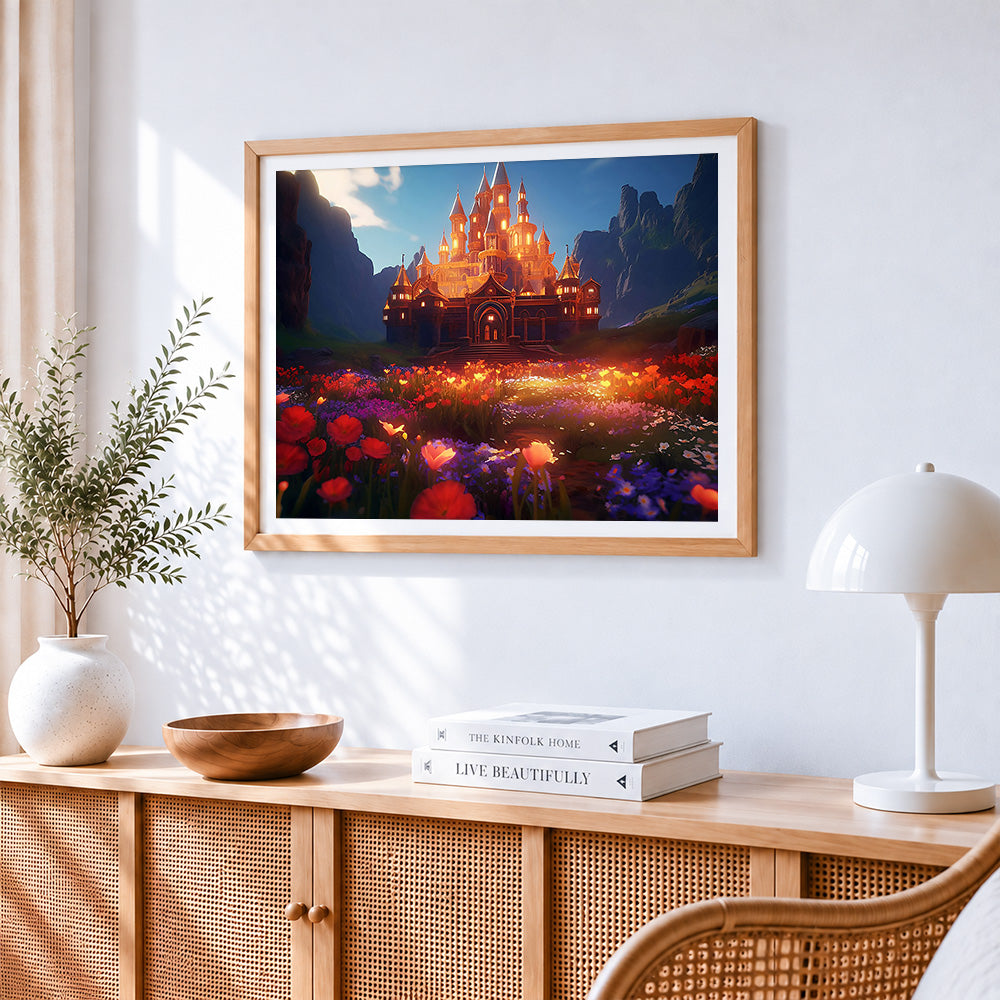 Magical glowing castle and flowers cross stitch artwork displayed on wall as home decor