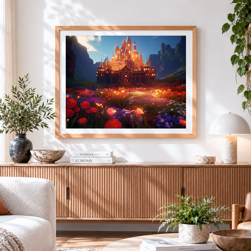 Finished magical glowing castle and flowers paint by numbers artwork displayed as home decor