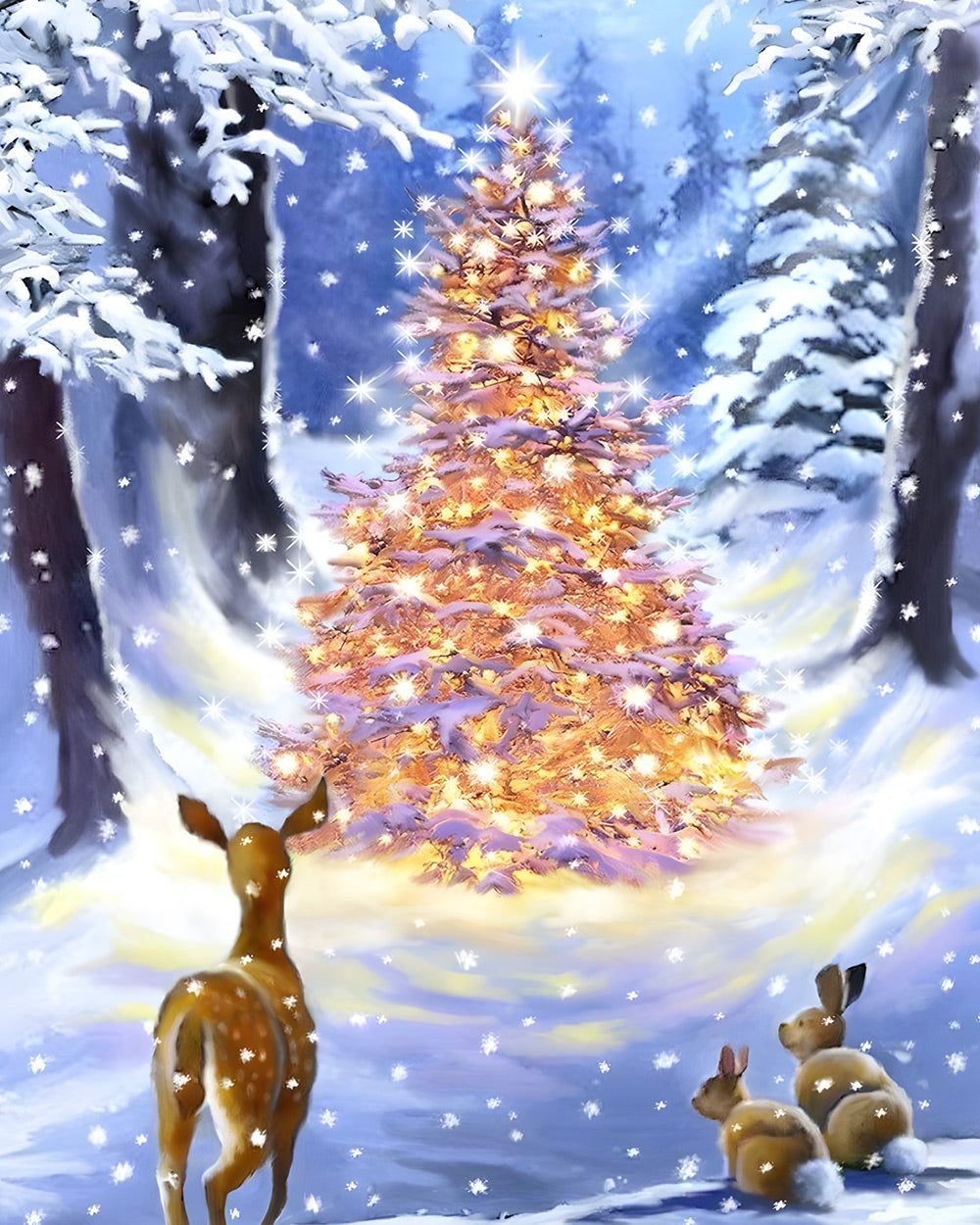 Magical glowing christmas tree and deer cross stitch kit for beginners