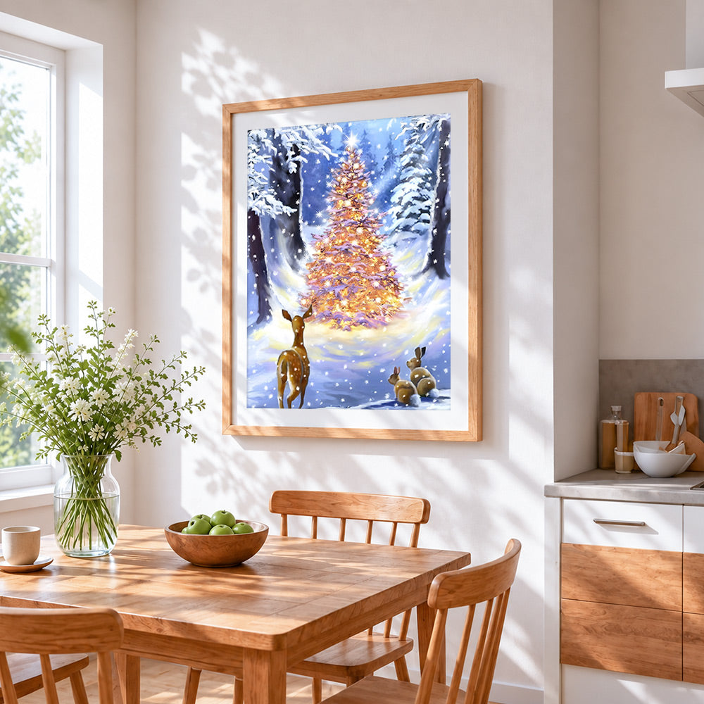 Magical glowing christmas tree and deer cross stitch artwork displayed on wall as home decor
