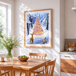 Magical glowing christmas tree and deer cross stitch artwork displayed on wall as home decor