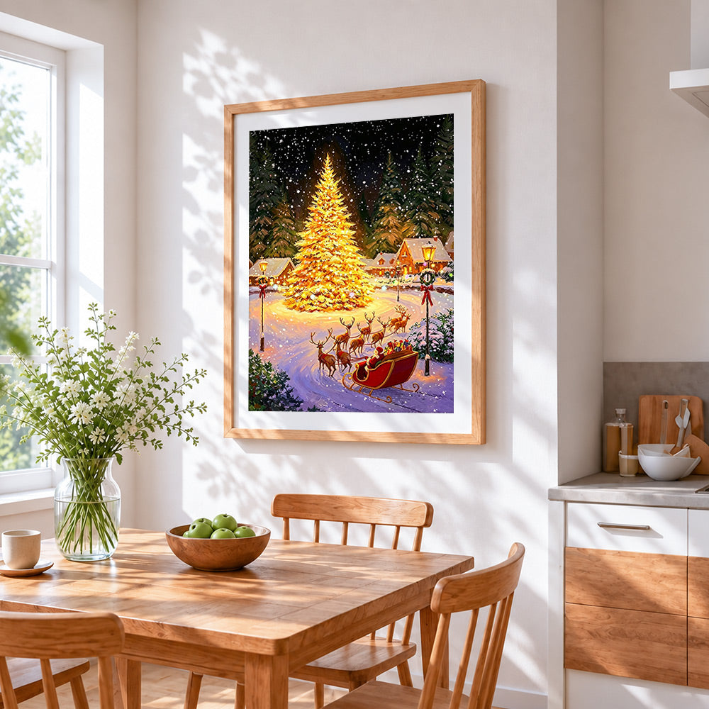 Magical glowing christmas tree and sleigh cross stitch artwork displayed on wall as home decor