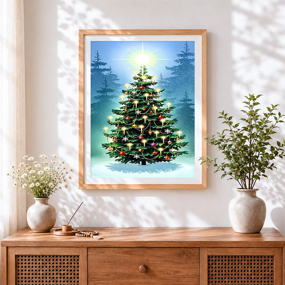 Finished magical glowing christmas tree cross stitch artwork displayed