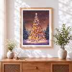 Finished magical glowing christmas tree in the snow cross stitch artwork displayed