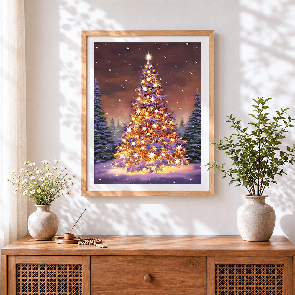 Finished magical glowing christmas tree in the snow cross stitch artwork displayed