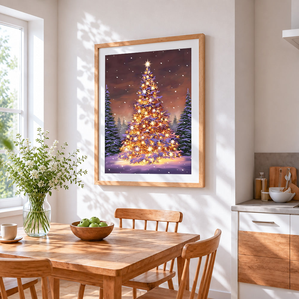 Magical glowing christmas tree in the snow cross stitch artwork displayed on wall as home decor