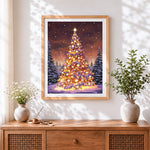 Finished magical glowing christmas tree in the snow paint by numbers artwork displayed as home decor