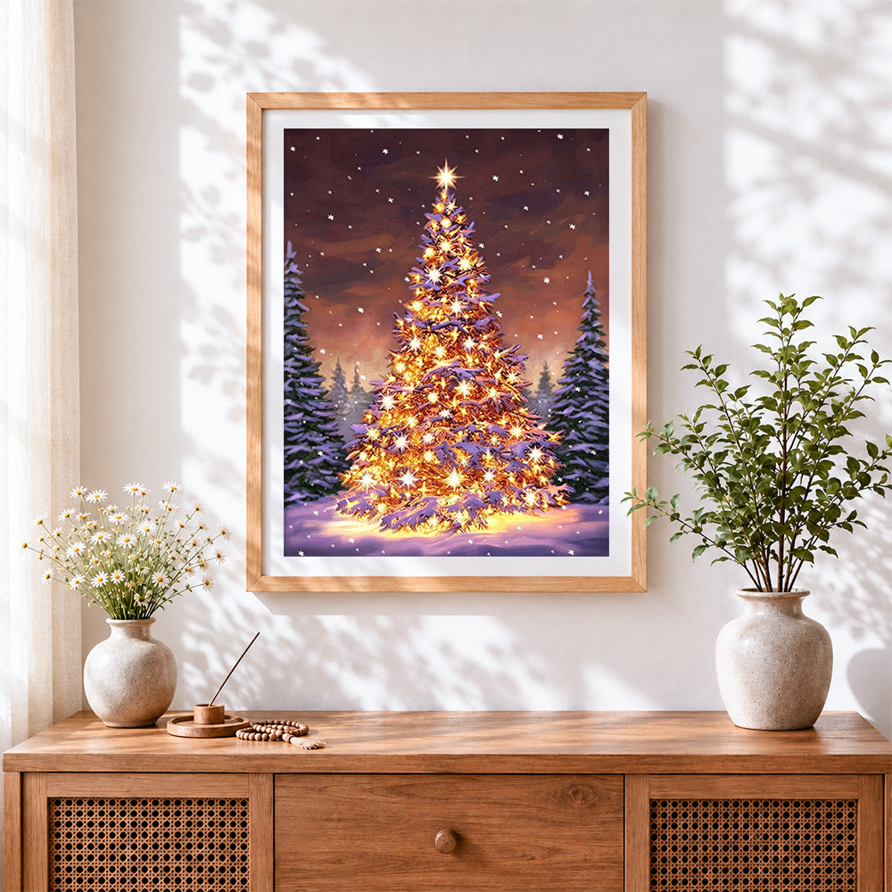 Finished magical glowing christmas tree in the snow paint by numbers artwork displayed as home decor
