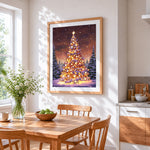 Magical glowing christmas tree in the snow paint by numbers artwork displayed on wall as home decor