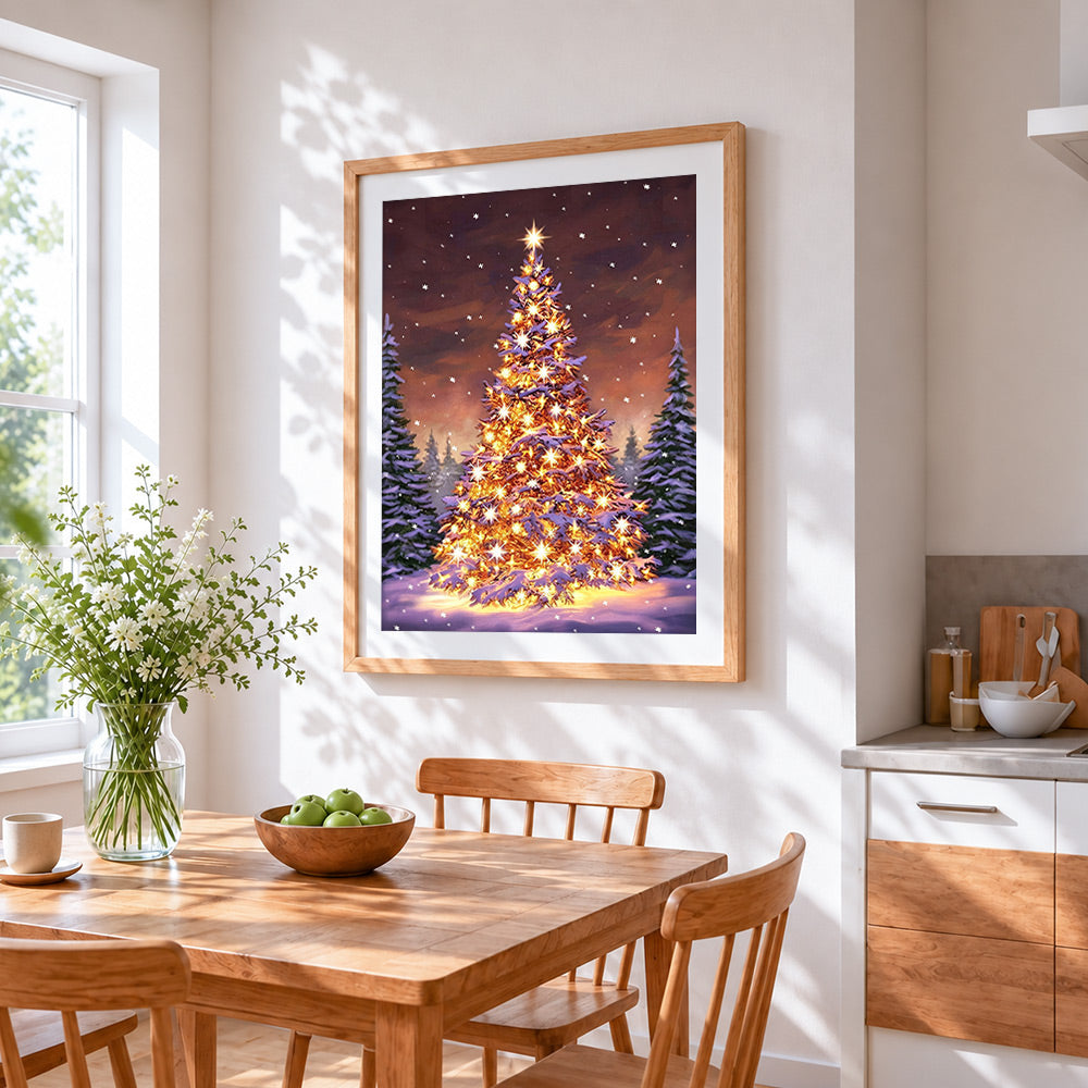 Magical glowing christmas tree in the snow paint by numbers artwork displayed on wall as home decor