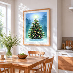 Magical glowing christmas tree paint by numbers artwork displayed on wall as home decor