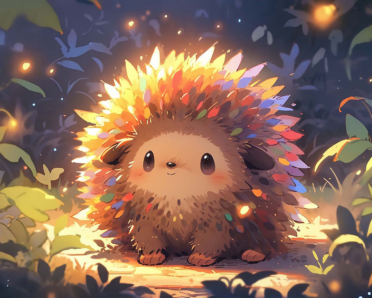 Magical glowing hedgehog in the forest cross stitch kit for beginners