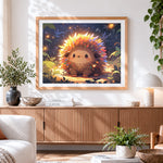 Finished magical glowing hedgehog in the forest paint by numbers artwork displayed as home decor