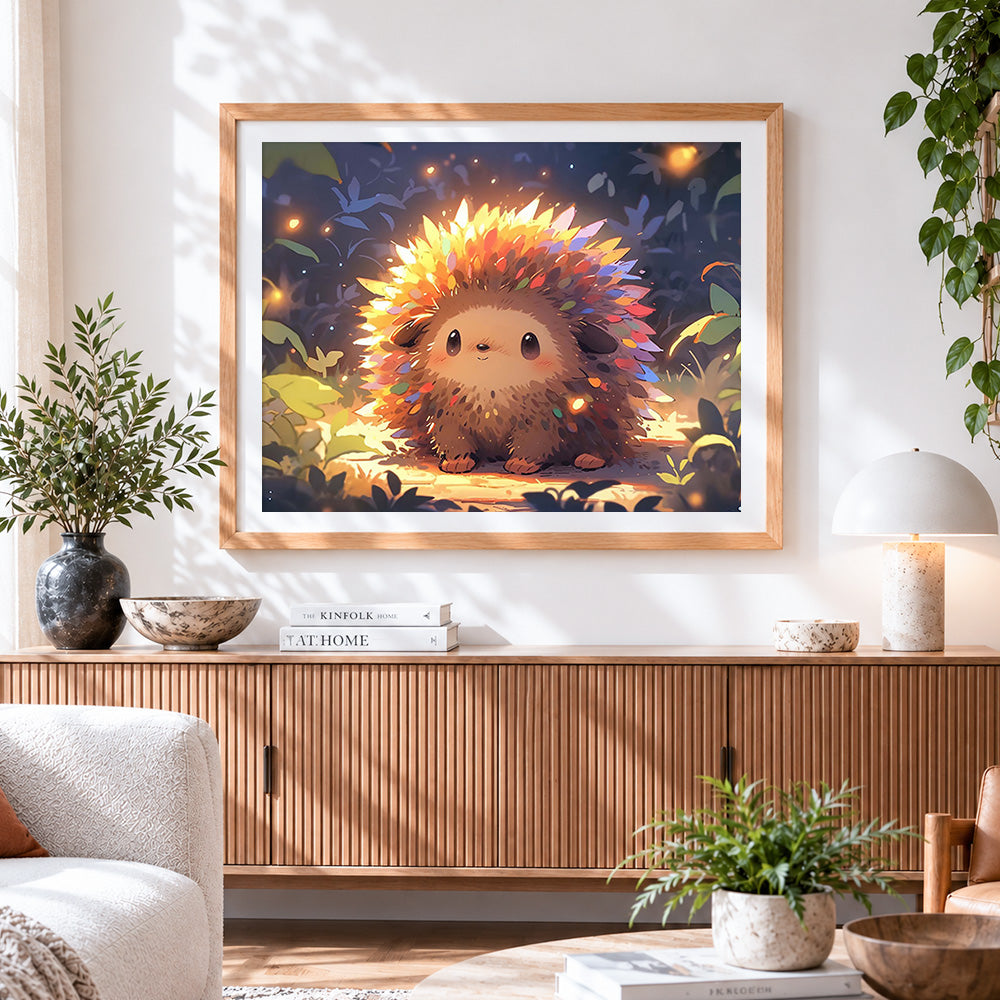 Finished magical glowing hedgehog in the forest paint by numbers artwork displayed as home decor