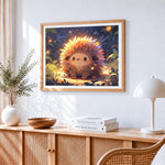 Magical glowing hedgehog in the forest paint by numbers artwork displayed on wall as home decor