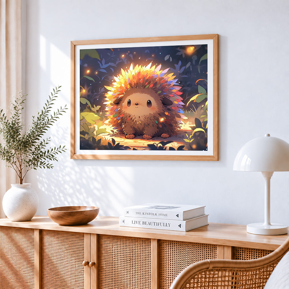 Magical glowing hedgehog in the forest paint by numbers artwork displayed on wall as home decor