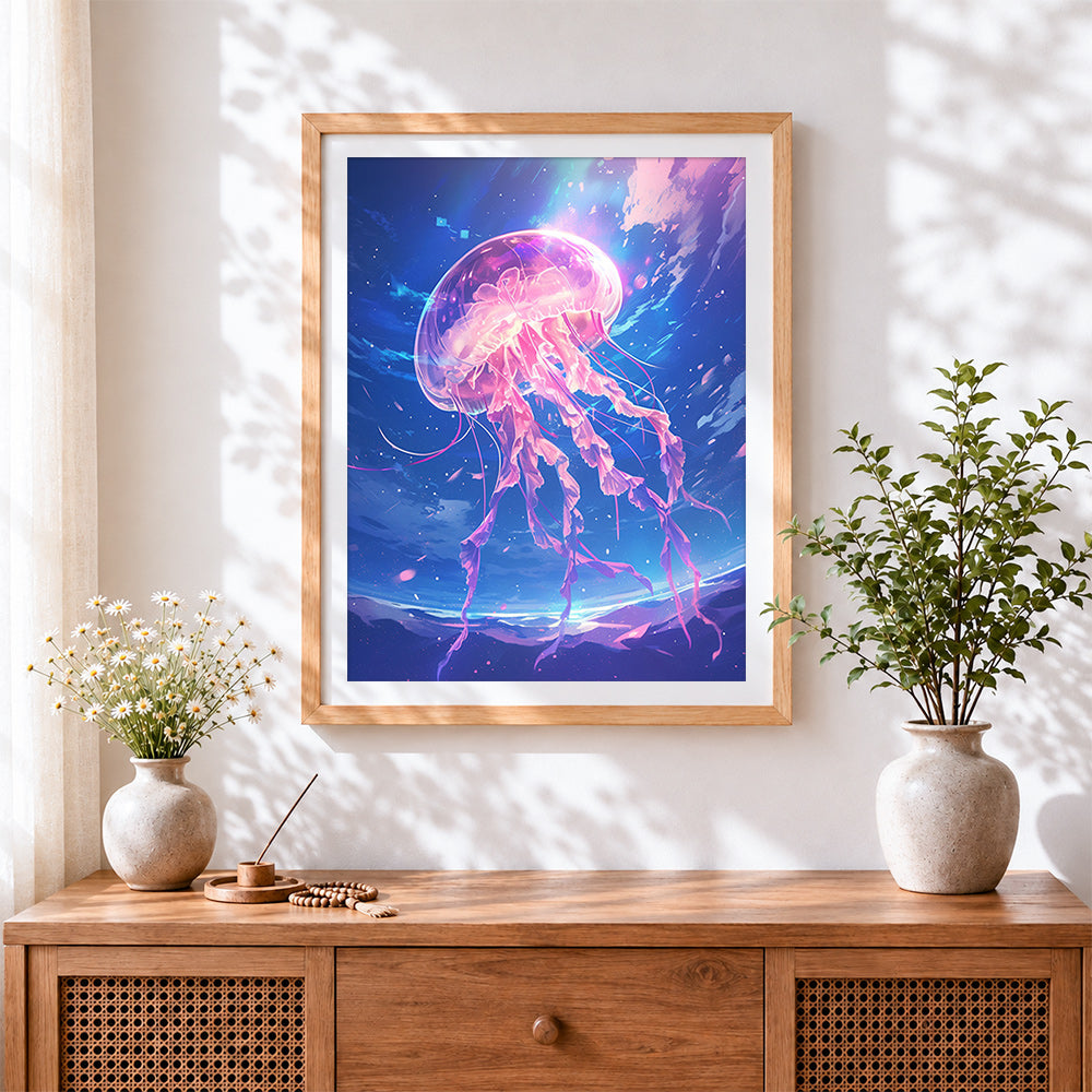 Finished magical glowing jellyfish in space cross stitch artwork displayed