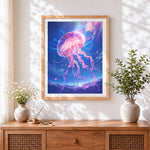 Finished magical glowing jellyfish in space cross stitch artwork displayed