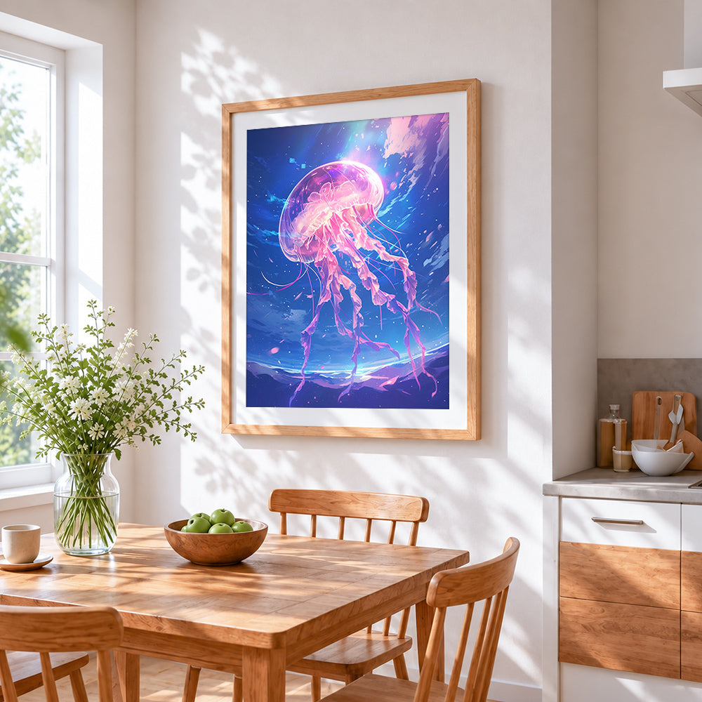 Magical glowing jellyfish in space cross stitch artwork displayed on wall as home decor
