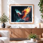 Finished magical glowing phoenix cross stitch artwork displayed