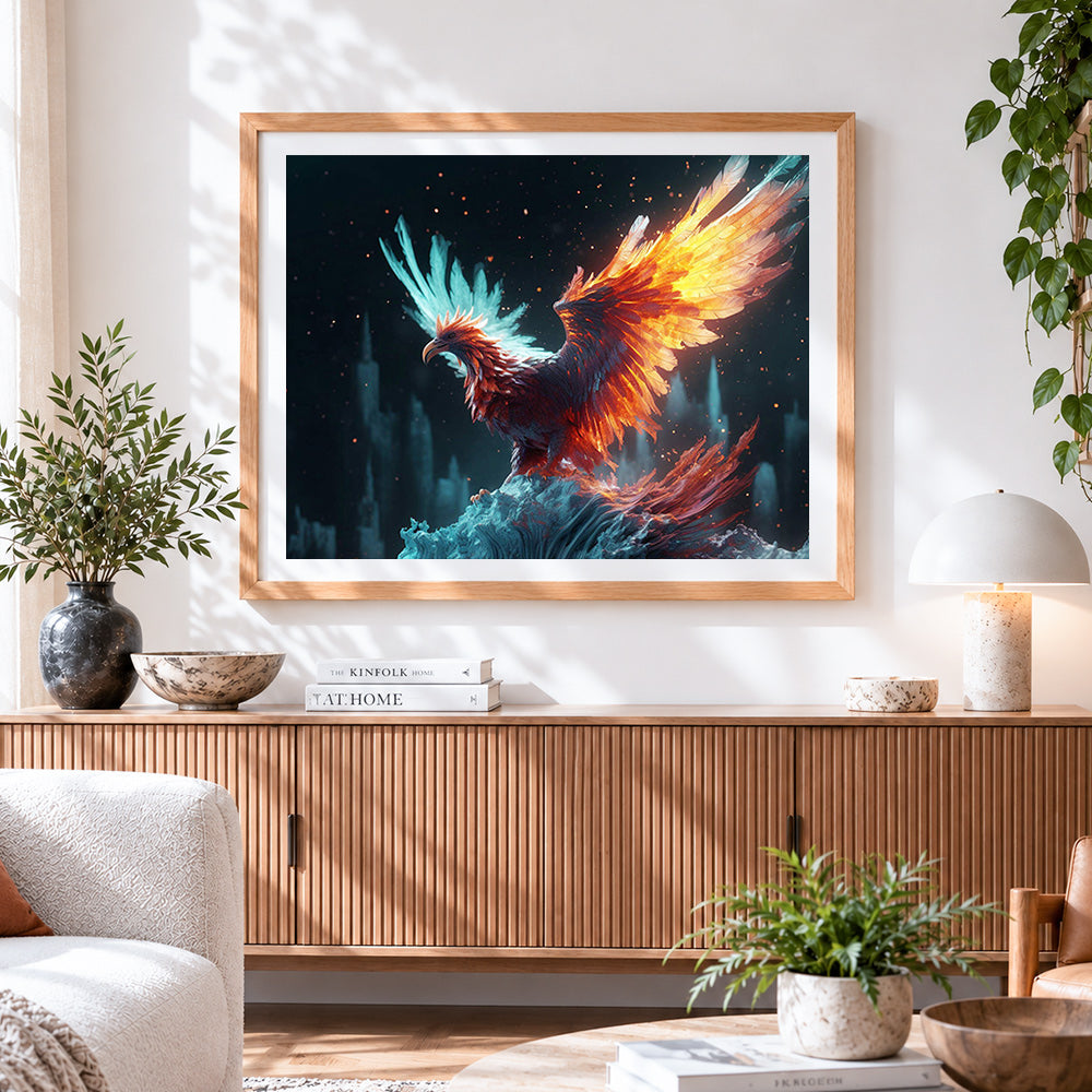 Finished magical glowing phoenix cross stitch artwork displayed
