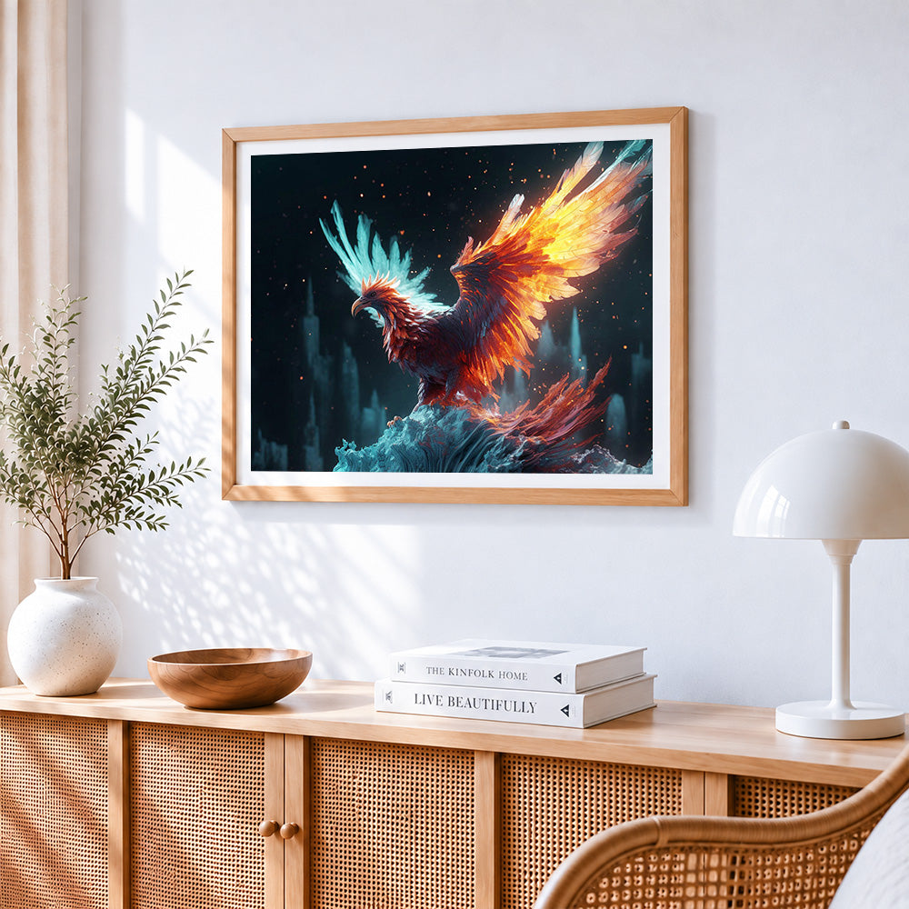 Magical glowing phoenix paint by numbers artwork displayed on wall as home decor