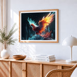 Magical glowing phoenix paint by numbers artwork displayed on wall as home decor