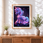 Finished magical glowing purple unicorn cross stitch artwork displayed