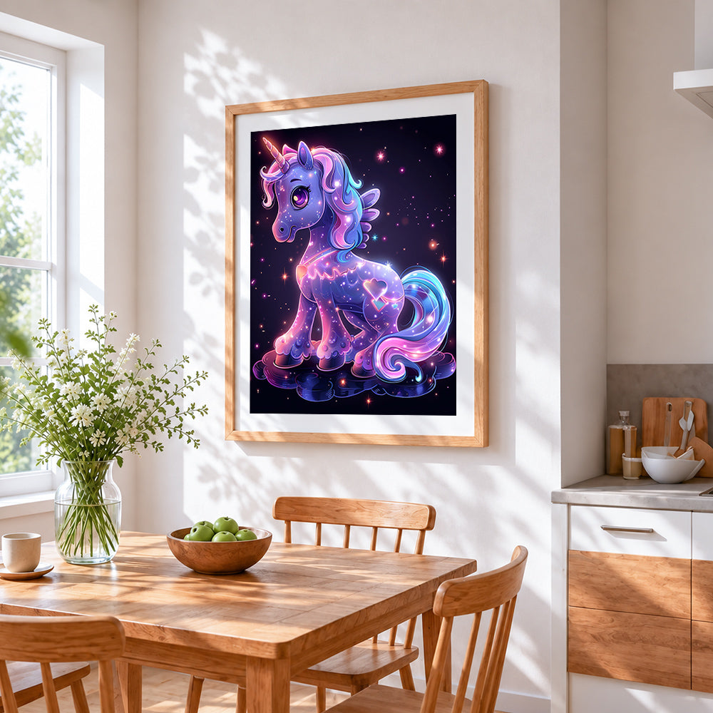 Magical glowing purple unicorn cross stitch artwork displayed on wall as home decor