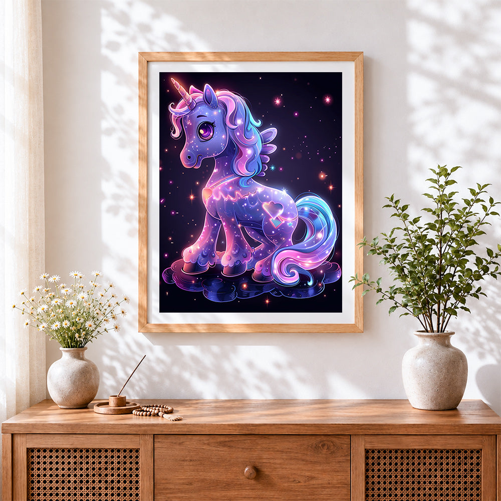 Finished magical glowing purple unicorn paint by numbers artwork displayed as home decor