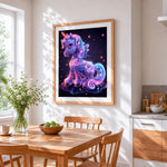 Magical glowing purple unicorn paint by numbers artwork displayed on wall as home decor