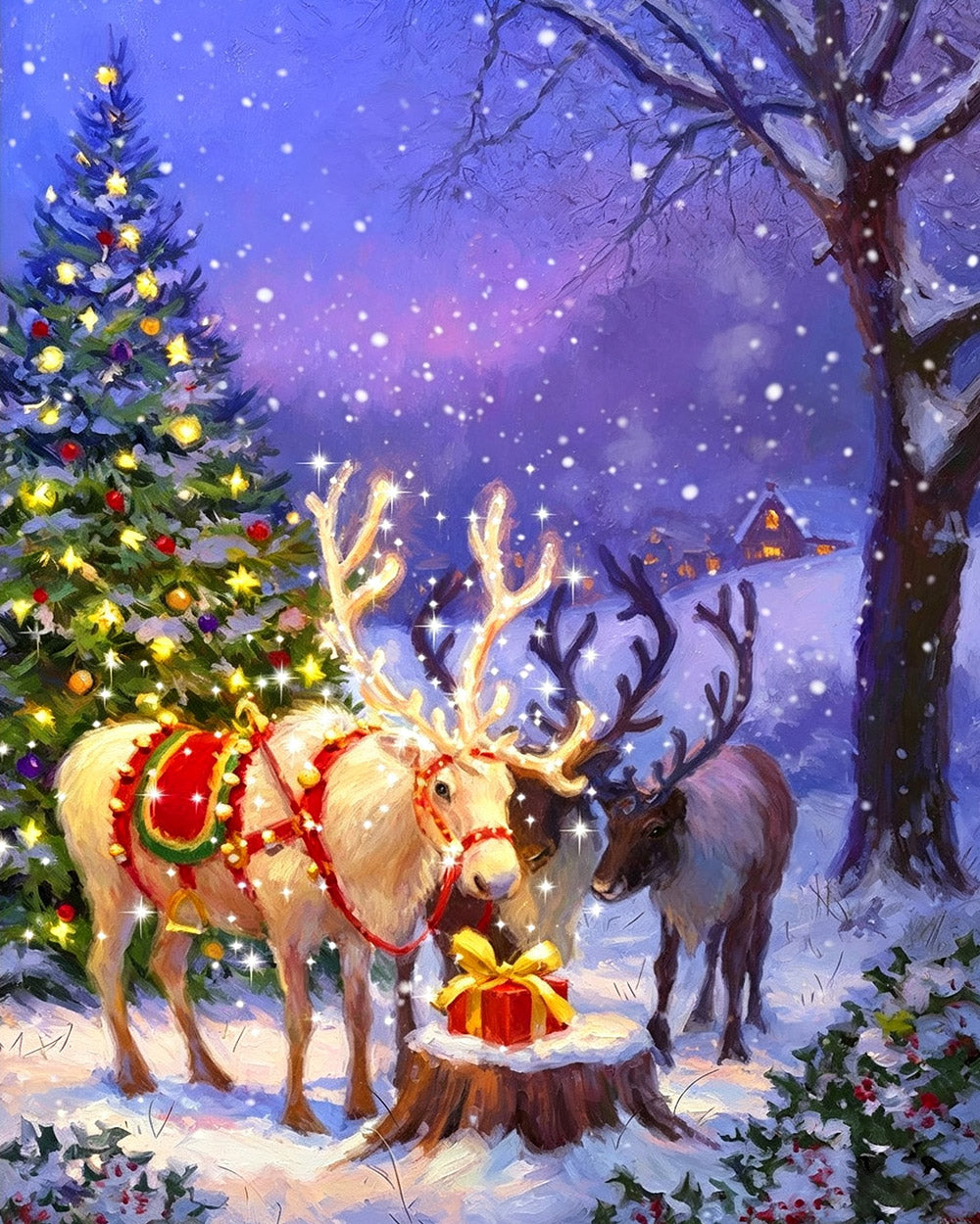 Magical glowing reindeer and christmas tree cross stitch kit for beginners